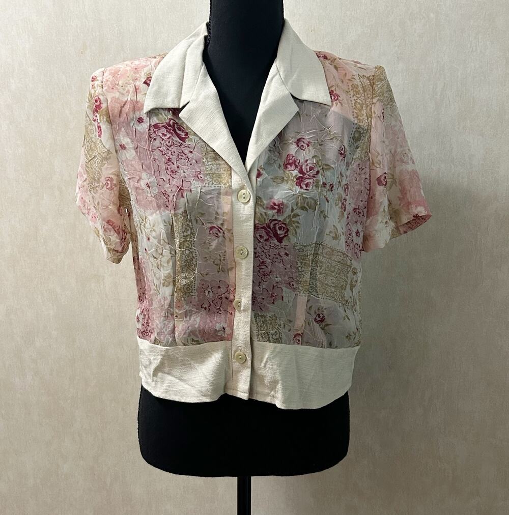 beige and pink vintage printed sheer short sleeve button up
